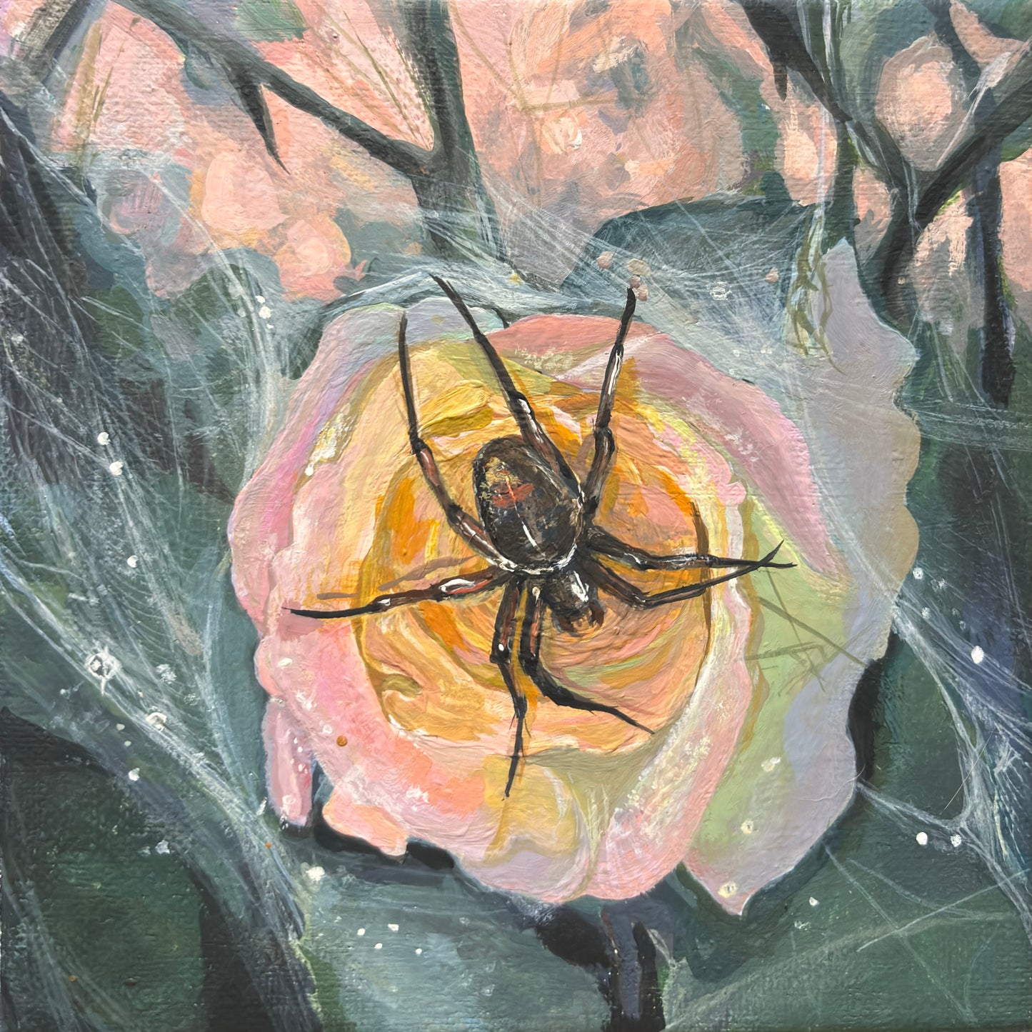 Web of roses 6x6 Acrylic Painting